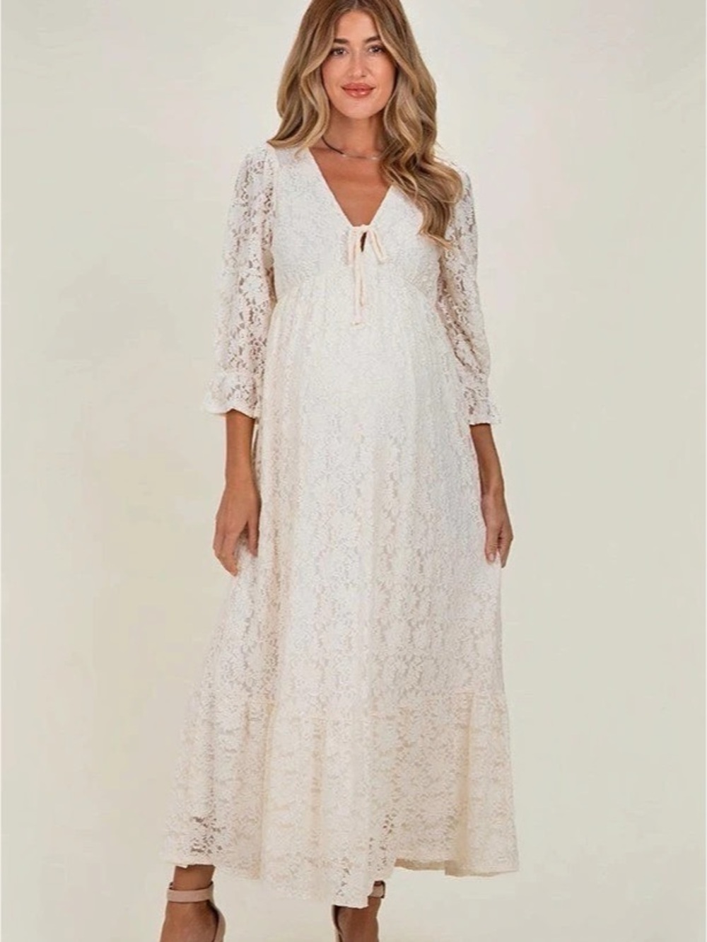 Pink Blush White Lace Tie Front Maternity Maxi Dress in Ivory
